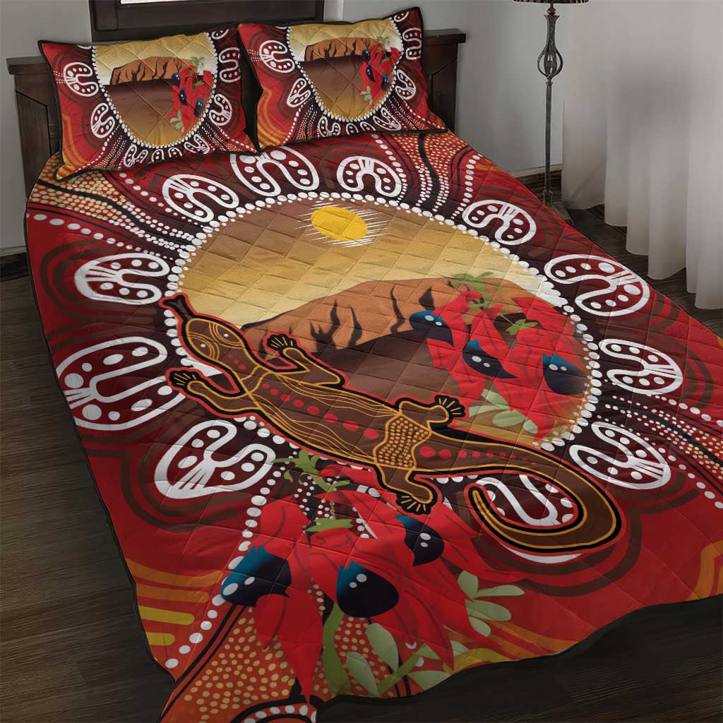Indigenous Goanna Australia Quilt Bed Set Aussie Uluru Ayers Rock Sturt's Desert Pea
