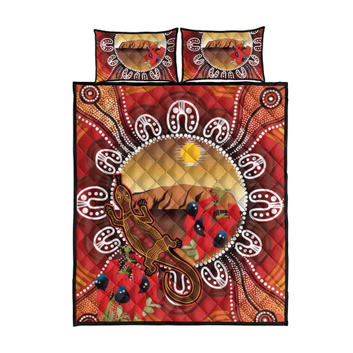 Indigenous Goanna Australia Quilt Bed Set Aussie Uluru Ayers Rock Sturt's Desert Pea