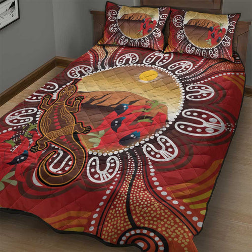 Indigenous Goanna Australia Quilt Bed Set Aussie Uluru Ayers Rock Sturt's Desert Pea