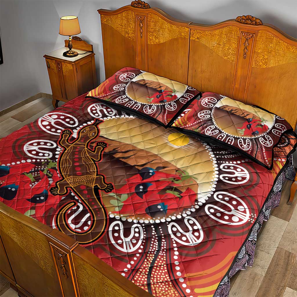 Indigenous Goanna Australia Quilt Bed Set Aussie Uluru Ayers Rock Sturt's Desert Pea