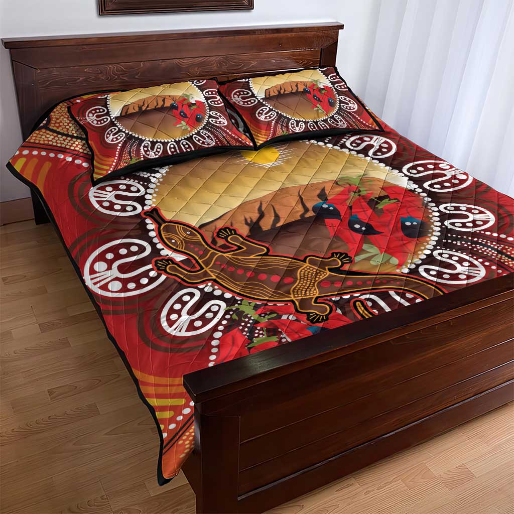 Indigenous Goanna Australia Quilt Bed Set Aussie Uluru Ayers Rock Sturt's Desert Pea
