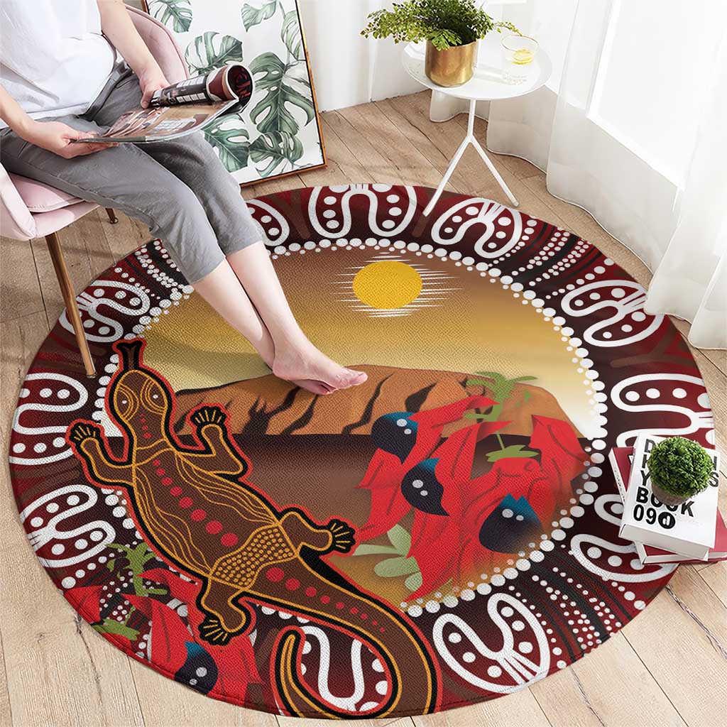 Indigenous Goanna Australia Round Carpet Aussie Uluru Ayers Rock Sturt's Desert Pea