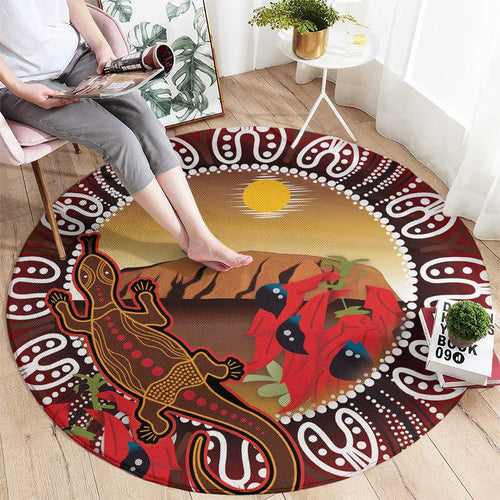 Indigenous Goanna Australia Round Carpet Aussie Uluru Ayers Rock Sturt's Desert Pea