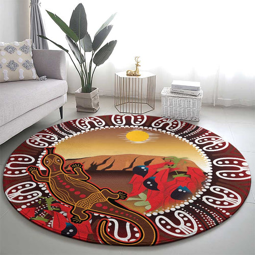 Indigenous Goanna Australia Round Carpet Aussie Uluru Ayers Rock Sturt's Desert Pea