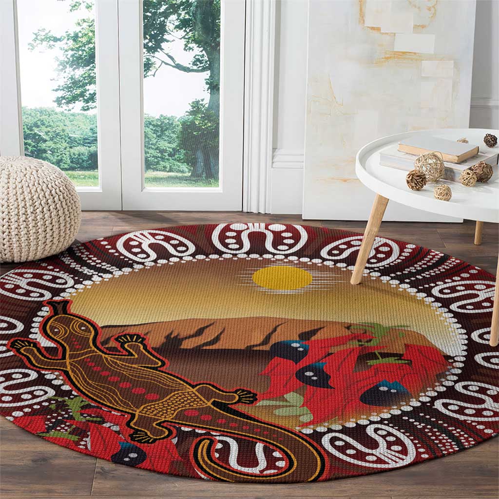 Indigenous Goanna Australia Round Carpet Aussie Uluru Ayers Rock Sturt's Desert Pea