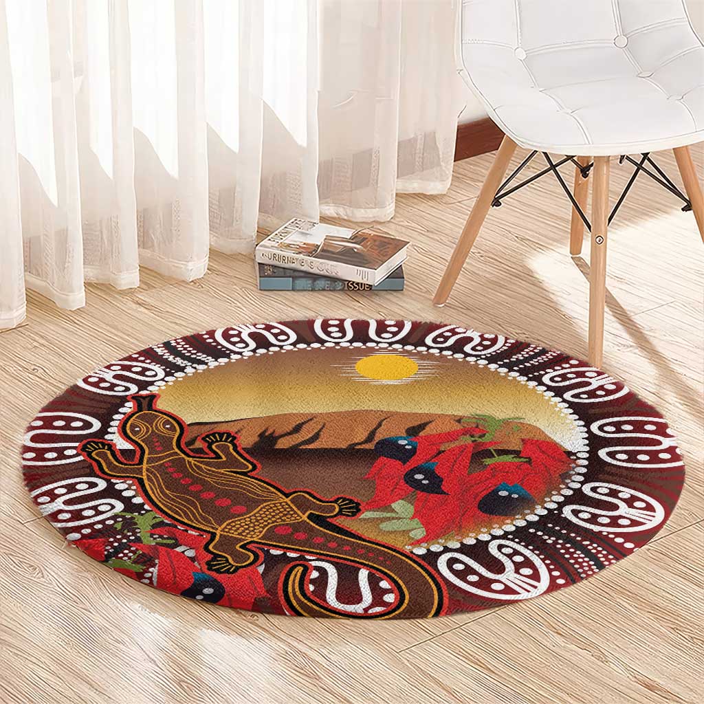 Indigenous Goanna Australia Round Carpet Aussie Uluru Ayers Rock Sturt's Desert Pea