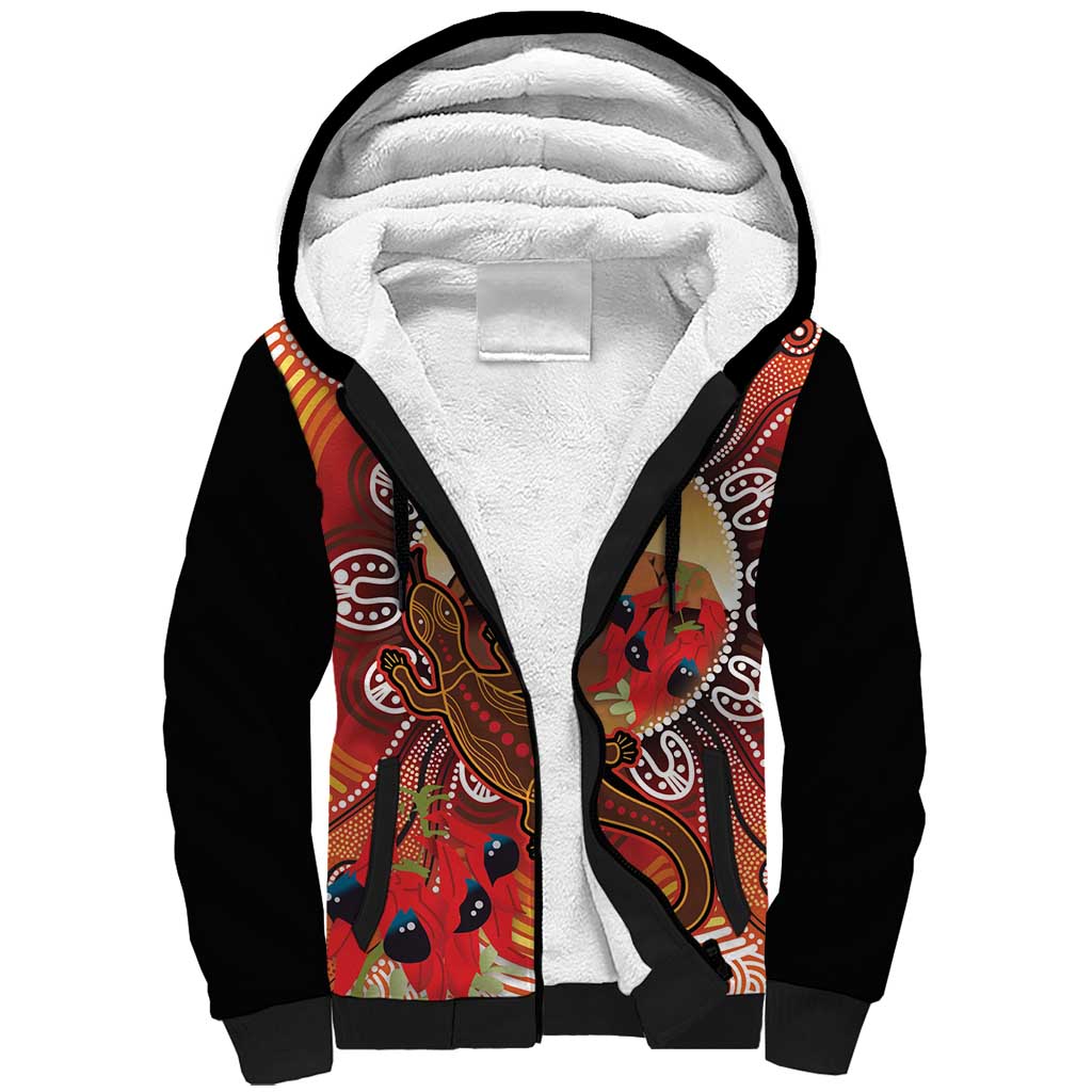 Indigenous Goanna Australia Sherpa Hoodie Aussie Uluru Ayers Rock Sturt's Desert Pea