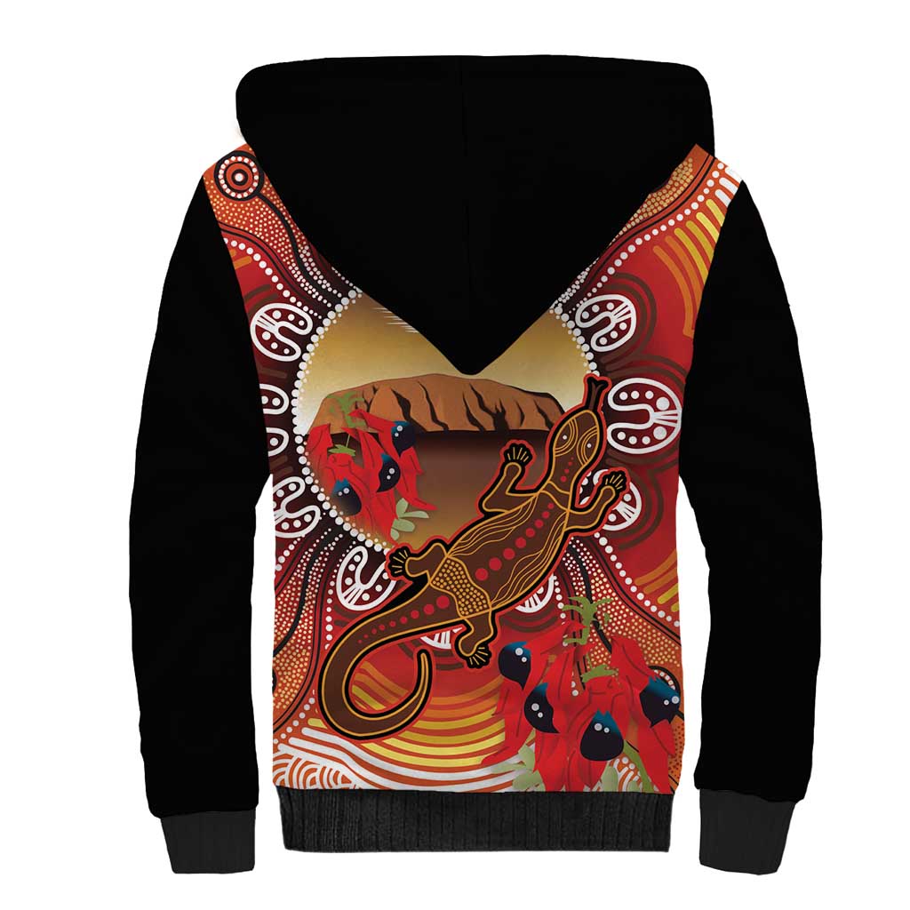 Indigenous Goanna Australia Sherpa Hoodie Aussie Uluru Ayers Rock Sturt's Desert Pea