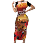 Indigenous Goanna Australia Short Sleeve Bodycon Dress Aussie Uluru Ayers Rock Sturt's Desert Pea