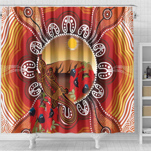 Indigenous Goanna Australia Shower Curtain Aussie Uluru Ayers Rock Sturt's Desert Pea