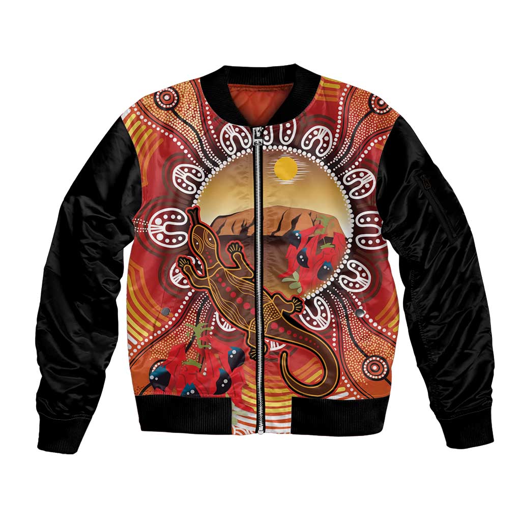 Indigenous Goanna Australia Sleeve Zip Bomber Jacket Aussie Uluru Ayers Rock Sturt's Desert Pea