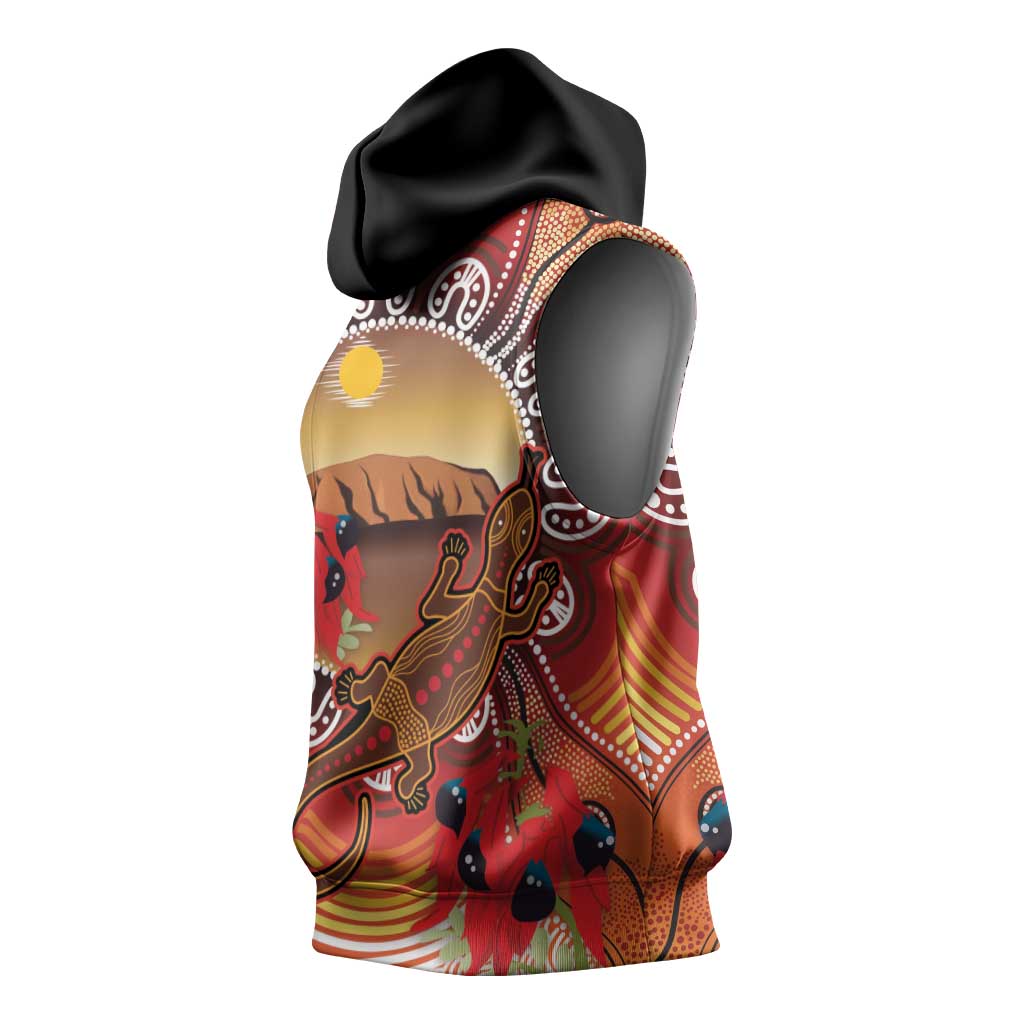 Indigenous Goanna Australia Sleeveless Hoodie Aussie Uluru Ayers Rock Sturt's Desert Pea