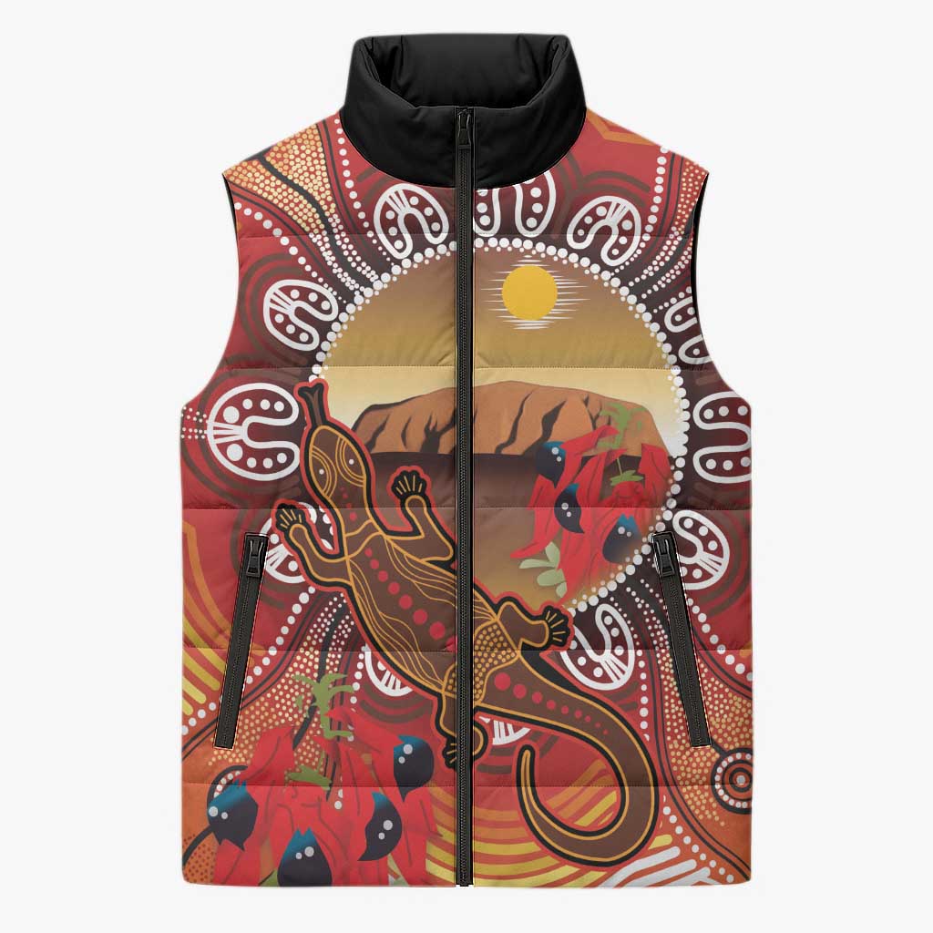 Indigenous Goanna Australia Sleeveless Puffer Jacket Aussie Uluru Ayers Rock Sturt's Desert Pea