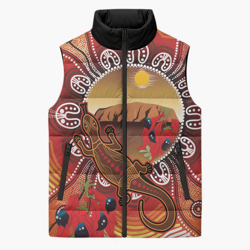 Indigenous Goanna Australia Sleeveless Puffer Jacket Aussie Uluru Ayers Rock Sturt's Desert Pea