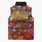 Indigenous Goanna Australia Sleeveless Puffer Jacket Aussie Uluru Ayers Rock Sturt's Desert Pea