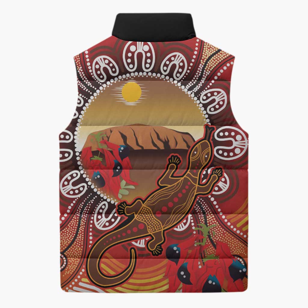 Indigenous Goanna Australia Sleeveless Puffer Jacket Aussie Uluru Ayers Rock Sturt's Desert Pea
