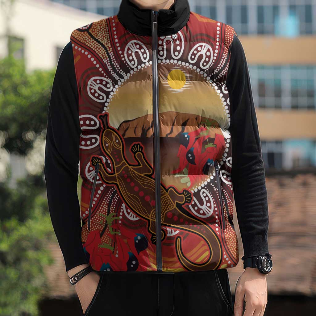 Indigenous Goanna Australia Sleeveless Puffer Jacket Aussie Uluru Ayers Rock Sturt's Desert Pea