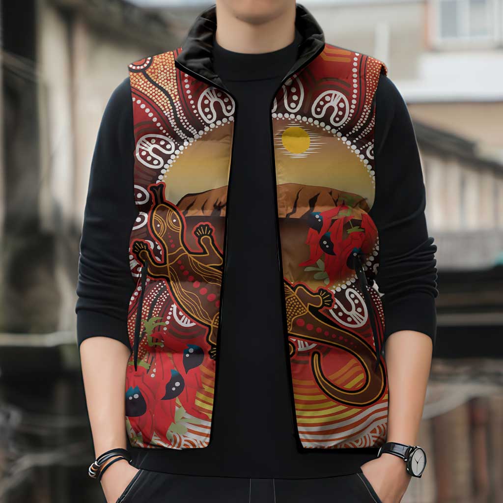 Indigenous Goanna Australia Sleeveless Puffer Jacket Aussie Uluru Ayers Rock Sturt's Desert Pea