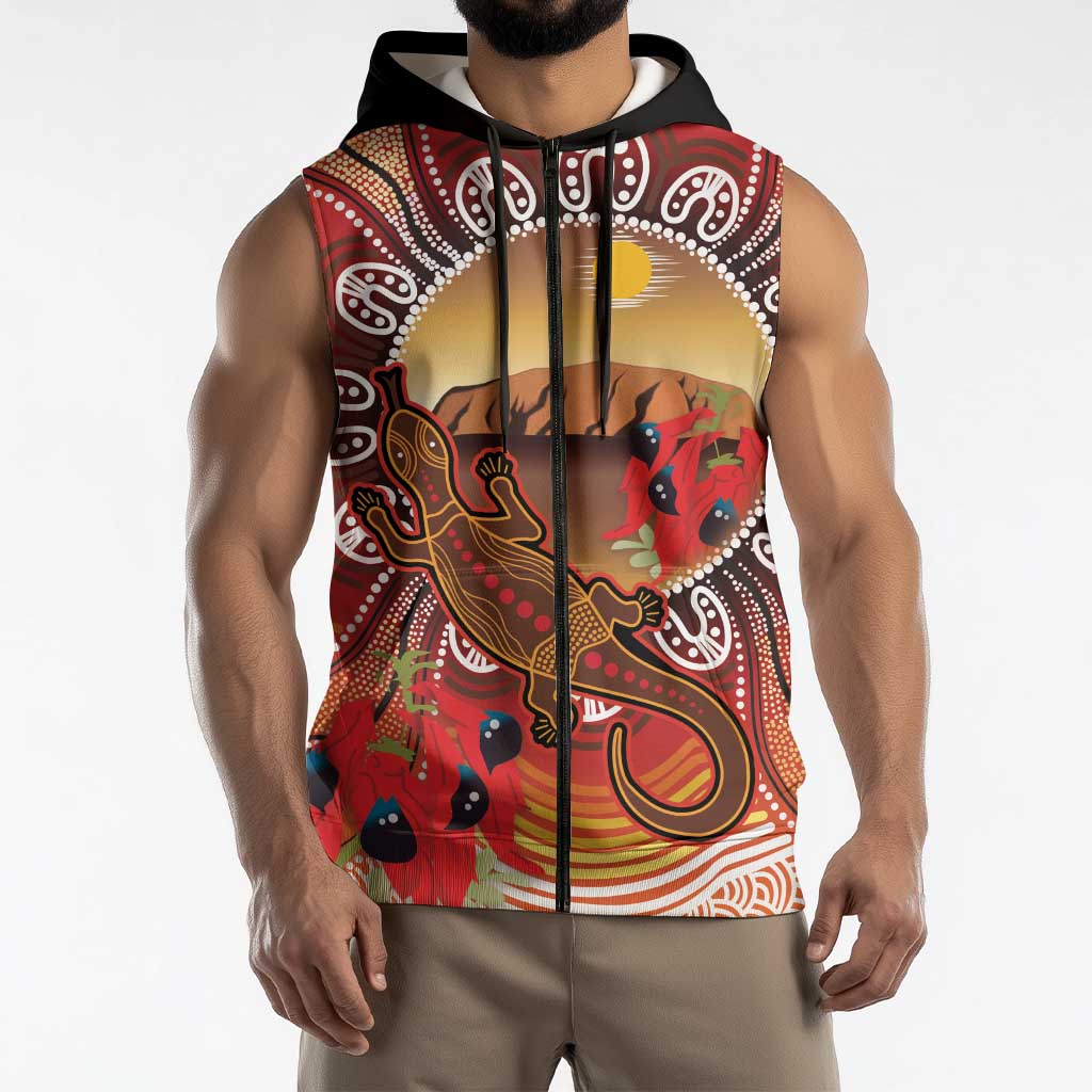 Indigenous Goanna Australia Sleeveless Zip Hoodie Aussie Uluru Ayers Rock Sturt's Desert Pea