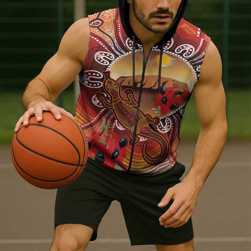 Indigenous Goanna Australia Sleeveless Zip Hoodie Aussie Uluru Ayers Rock Sturt's Desert Pea