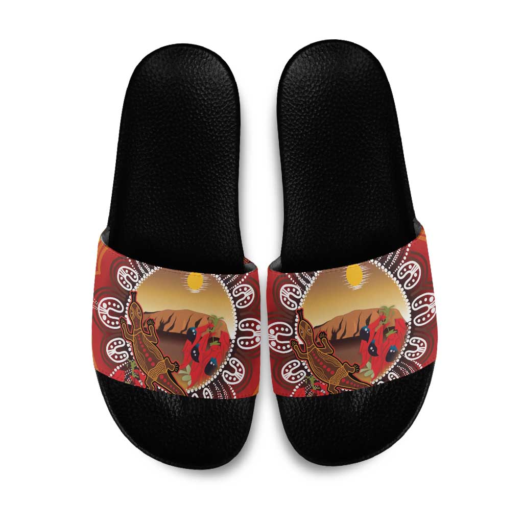 Indigenous Goanna Australia Slide Sandals Aussie Uluru Ayers Rock Sturt's Desert Pea