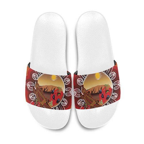 Indigenous Goanna Australia Slide Sandals Aussie Uluru Ayers Rock Sturt's Desert Pea