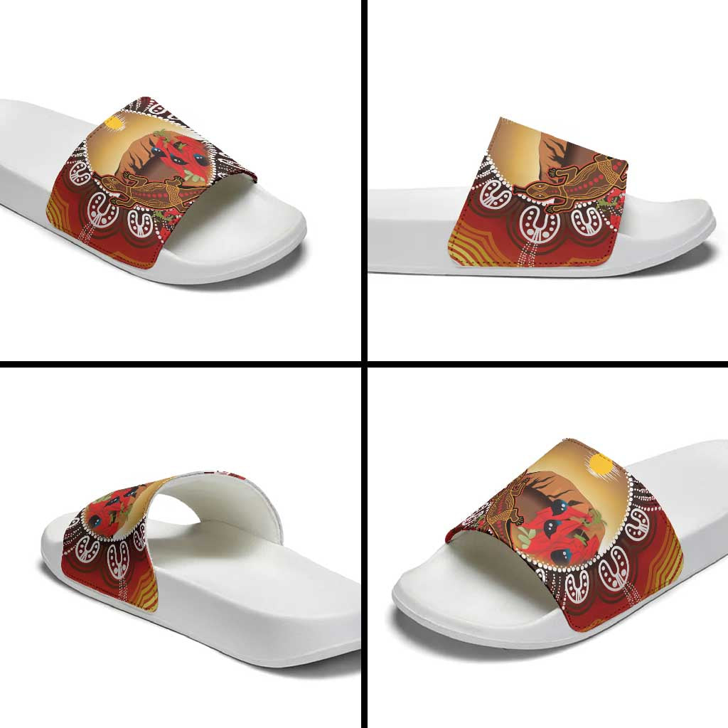 Indigenous Goanna Australia Slide Sandals Aussie Uluru Ayers Rock Sturt's Desert Pea