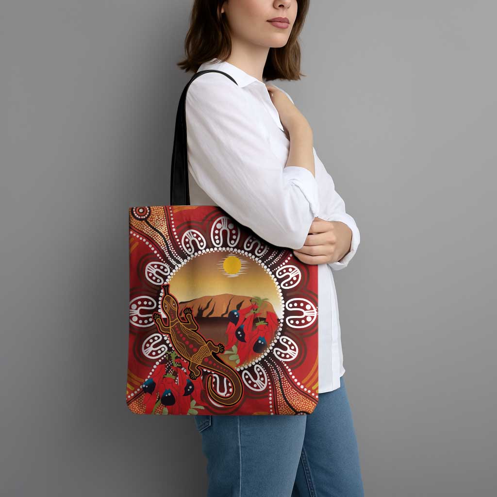 Indigenous Goanna Australia Tote Bag Aussie Uluru Ayers Rock Sturt's Desert Pea