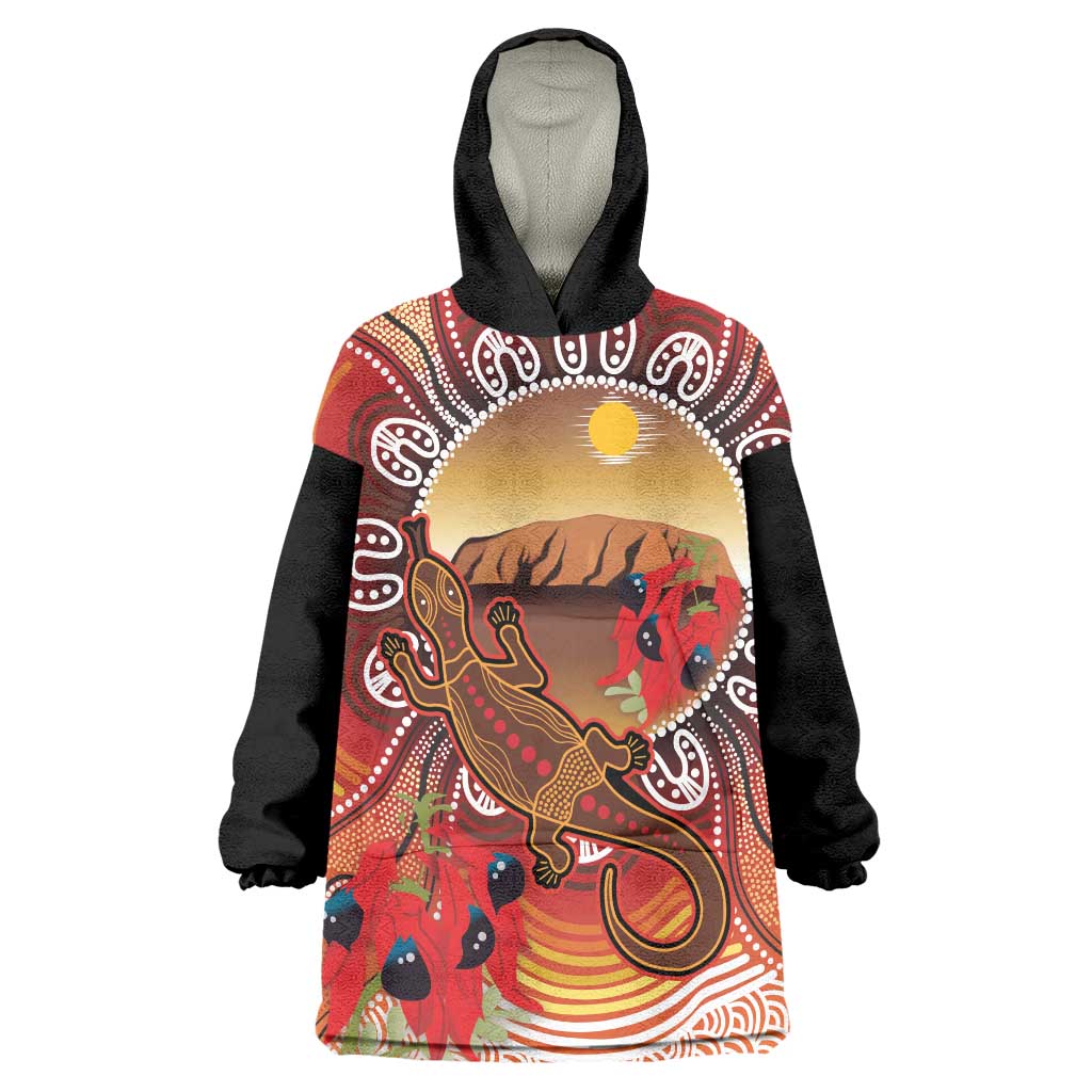 Indigenous Goanna Australia Wearable Blanket Hoodie Aussie Uluru Ayers Rock Sturt's Desert Pea