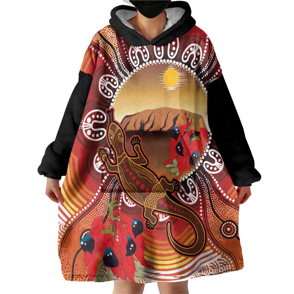 Indigenous Goanna Australia Wearable Blanket Hoodie Aussie Uluru Ayers Rock Sturt's Desert Pea