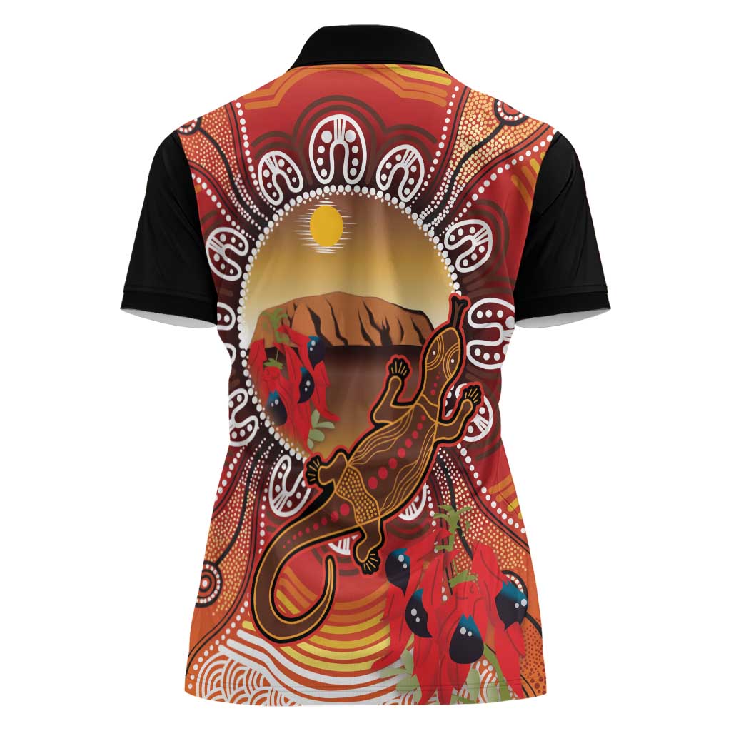 Indigenous Goanna Australia Women Polo Shirt Aussie Uluru Ayers Rock Sturt's Desert Pea