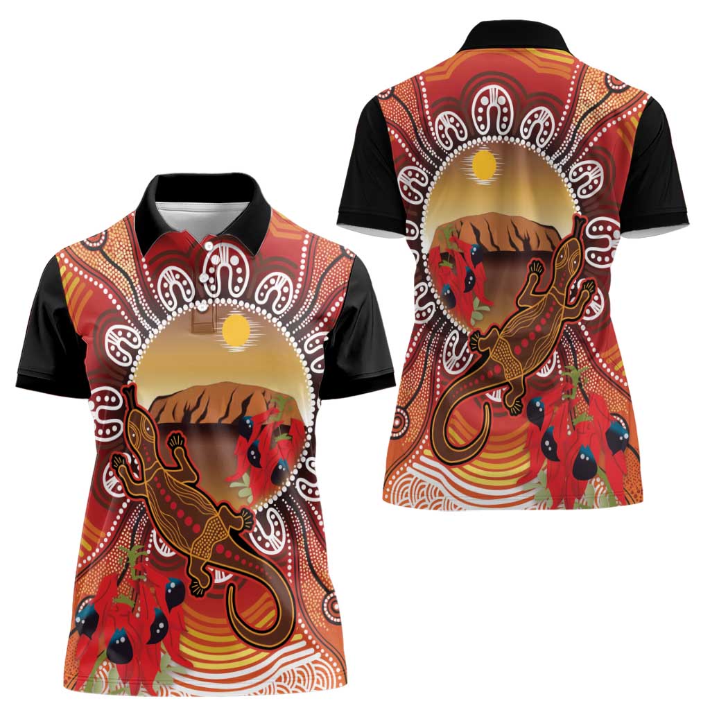 Indigenous Goanna Australia Women Polo Shirt Aussie Uluru Ayers Rock Sturt's Desert Pea