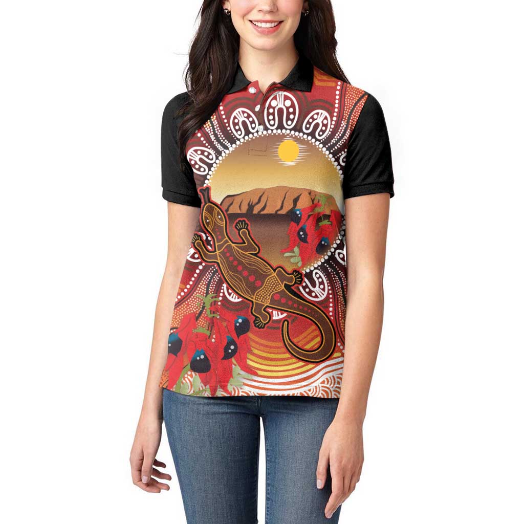 Indigenous Goanna Australia Women Polo Shirt Aussie Uluru Ayers Rock Sturt's Desert Pea