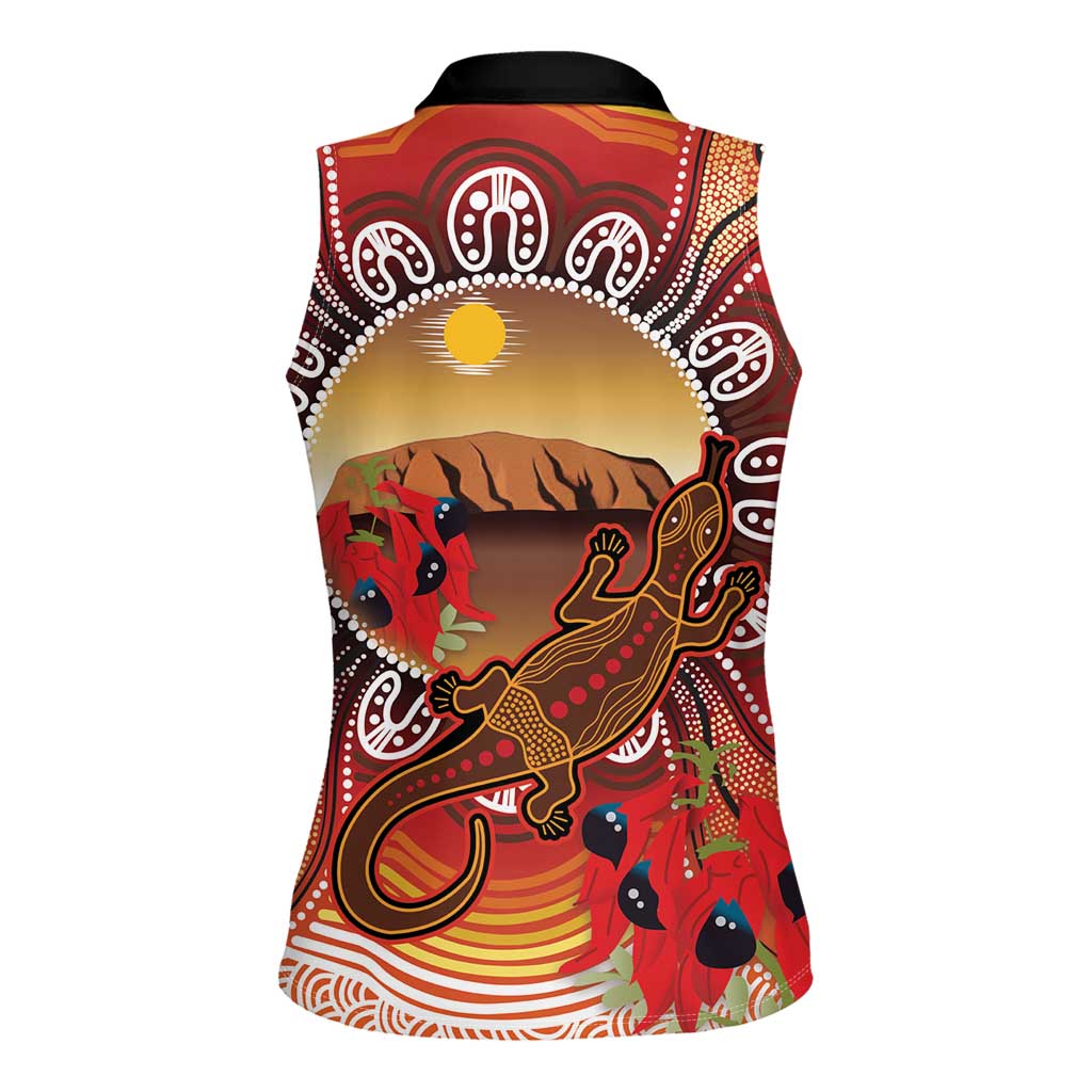 Indigenous Goanna Australia Women Sleeveless Polo Shirt Aussie Uluru Ayers Rock Sturt's Desert Pea