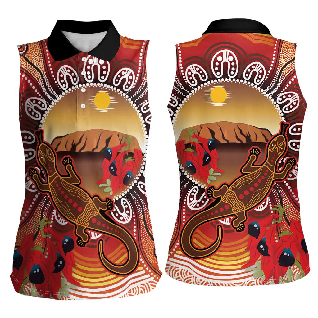 Indigenous Goanna Australia Women Sleeveless Polo Shirt Aussie Uluru Ayers Rock Sturt's Desert Pea
