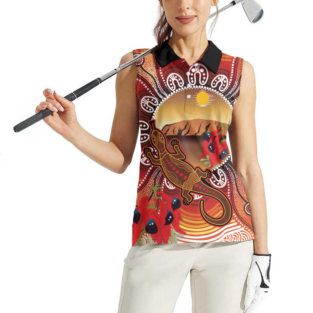 Indigenous Goanna Australia Women Sleeveless Polo Shirt Aussie Uluru Ayers Rock Sturt's Desert Pea