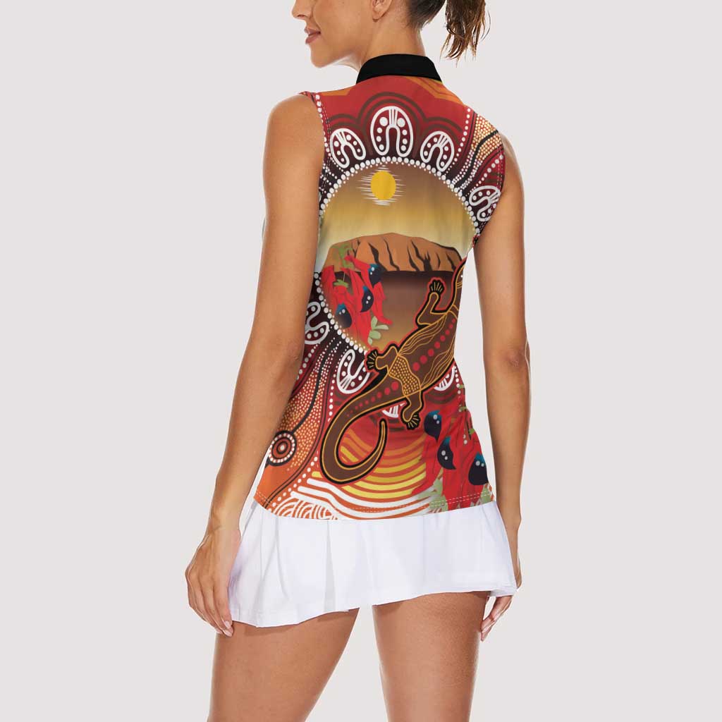 Indigenous Goanna Australia Women Sleeveless Polo Shirt Aussie Uluru Ayers Rock Sturt's Desert Pea