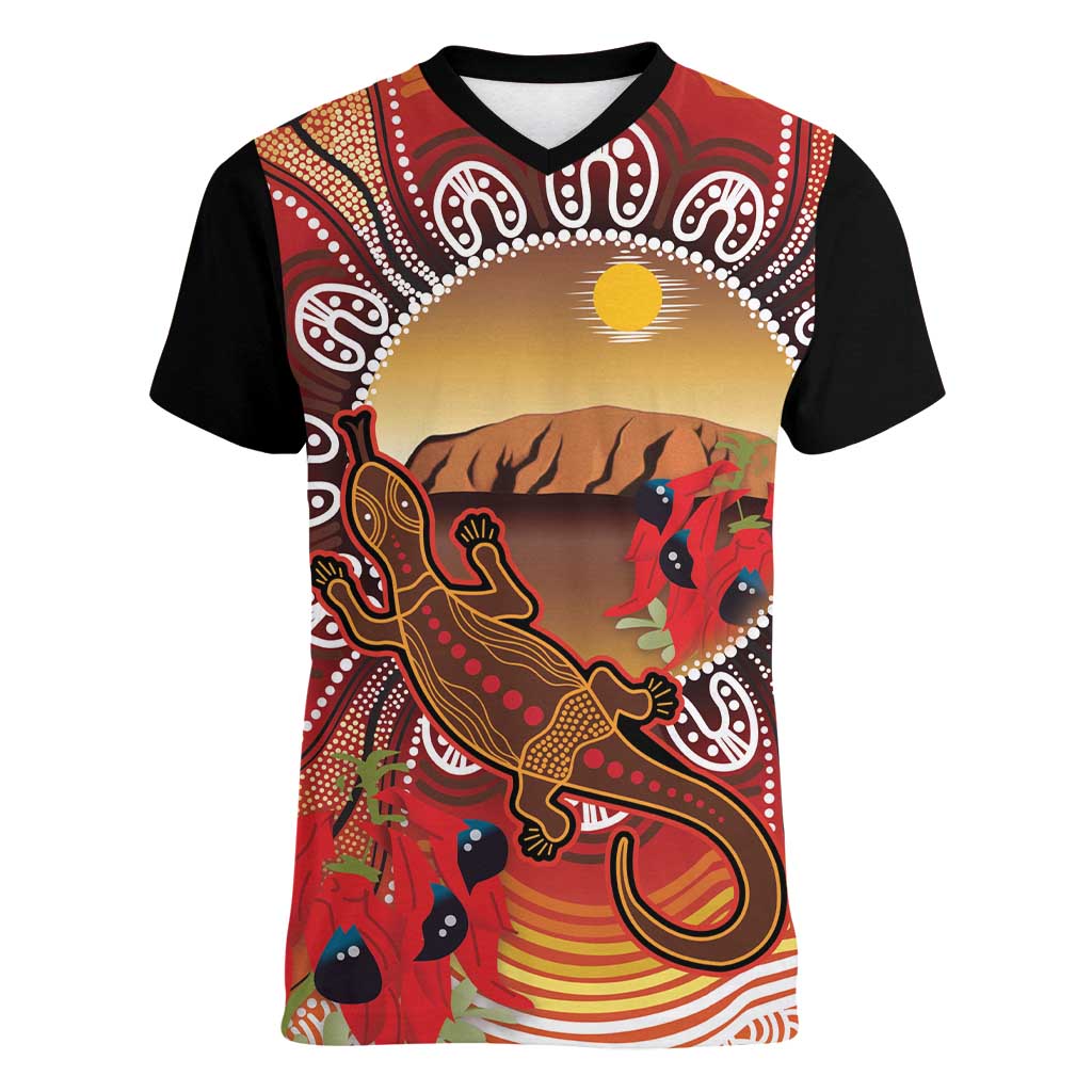 Indigenous Goanna Australia Women V-Neck T-Shirt Aussie Uluru Ayers Rock Sturt's Desert Pea
