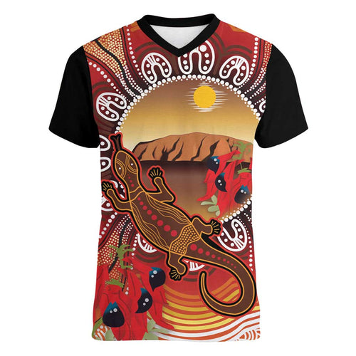 Indigenous Goanna Australia Women V-Neck T-Shirt Aussie Uluru Ayers Rock Sturt's Desert Pea