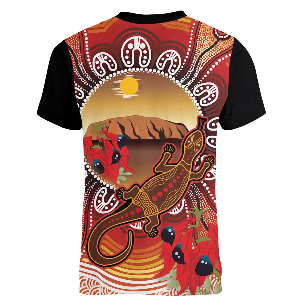 Indigenous Goanna Australia Women V-Neck T-Shirt Aussie Uluru Ayers Rock Sturt's Desert Pea