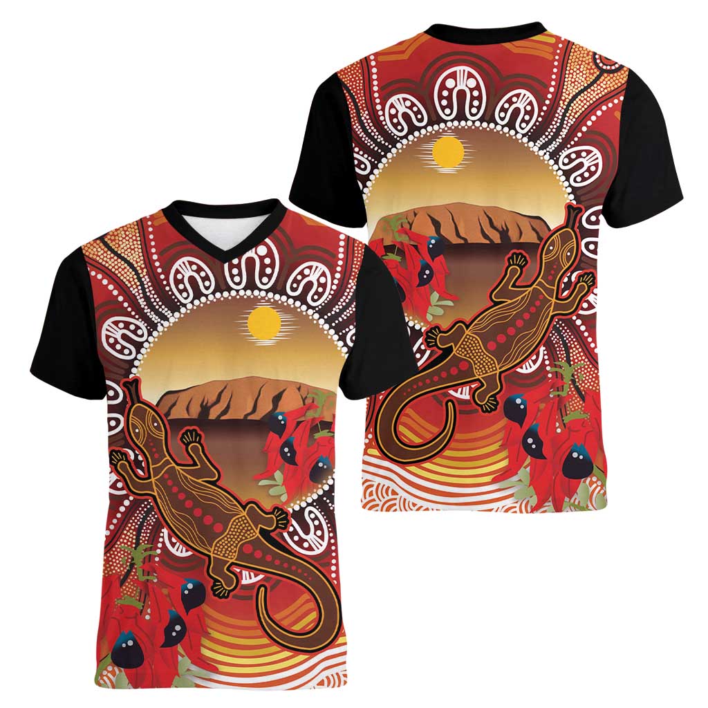 Indigenous Goanna Australia Women V-Neck T-Shirt Aussie Uluru Ayers Rock Sturt's Desert Pea
