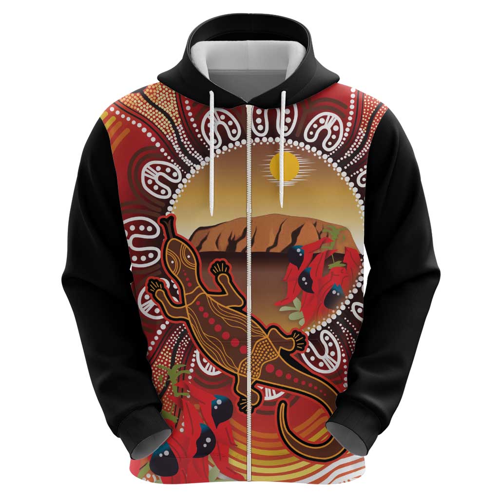 Indigenous Goanna Australia Zip Hoodie Aussie Uluru Ayers Rock Sturt's Desert Pea