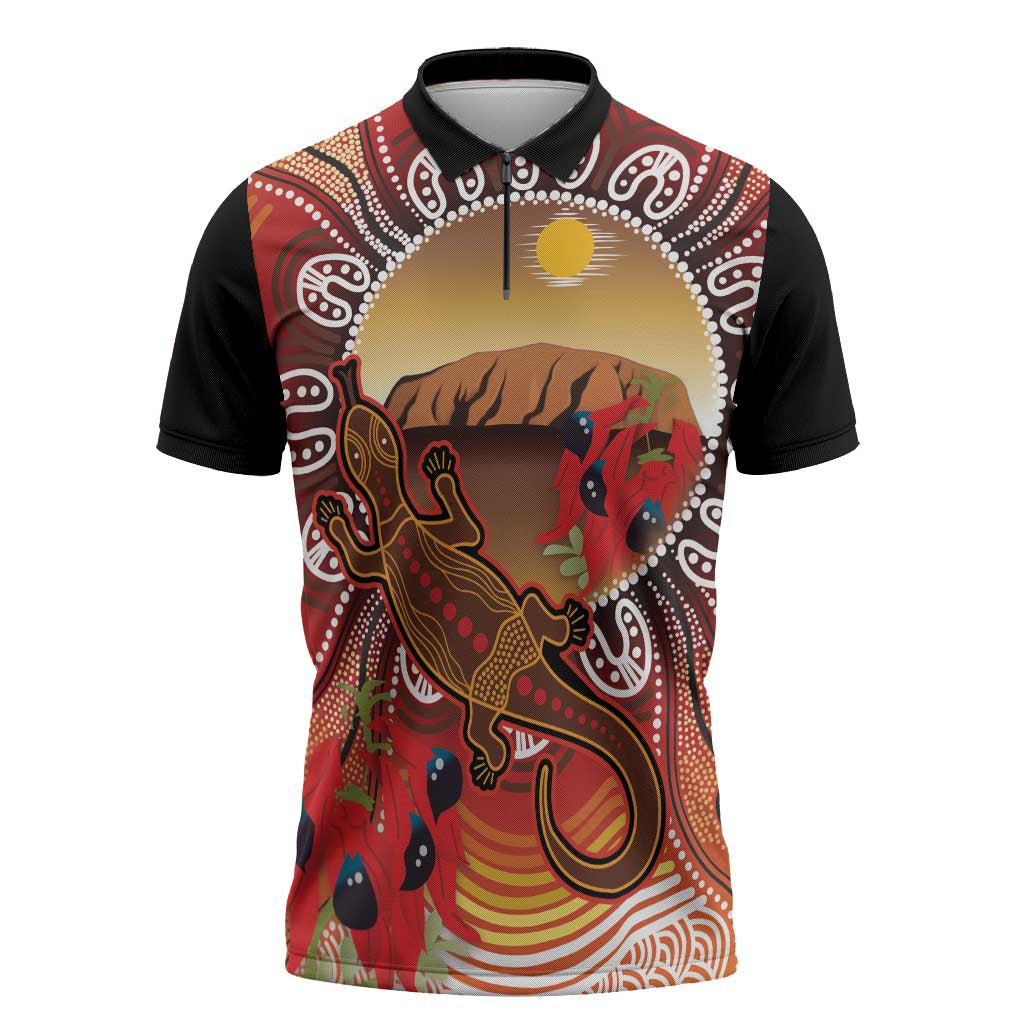 Indigenous Goanna Australia Zipper Polo Shirt Aussie Uluru Ayers Rock Sturt's Desert Pea