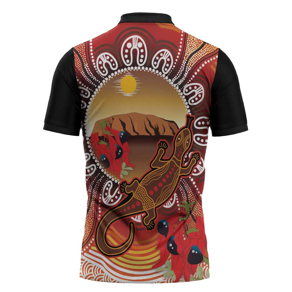 Indigenous Goanna Australia Zipper Polo Shirt Aussie Uluru Ayers Rock Sturt's Desert Pea