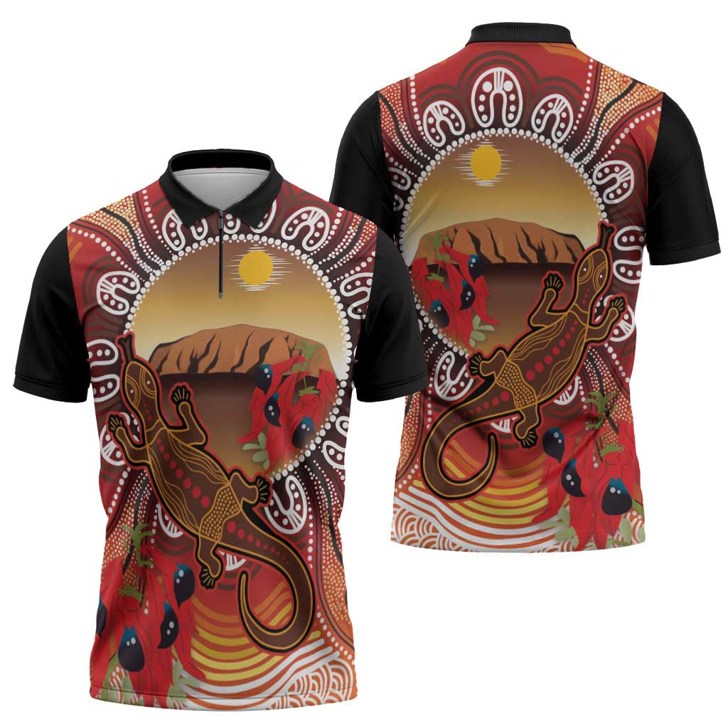 Indigenous Goanna Australia Zipper Polo Shirt Aussie Uluru Ayers Rock Sturt's Desert Pea
