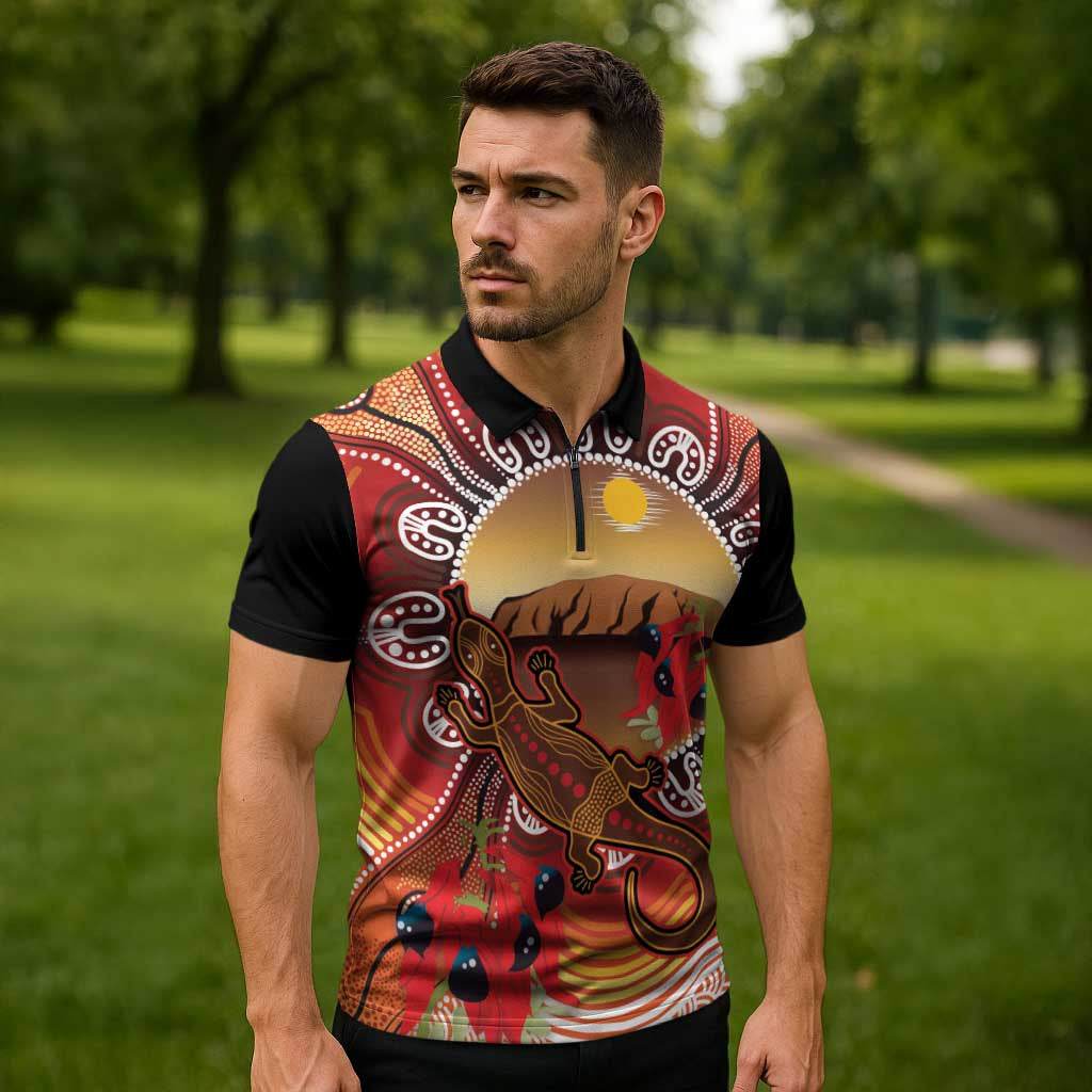 Indigenous Goanna Australia Zipper Polo Shirt Aussie Uluru Ayers Rock Sturt's Desert Pea