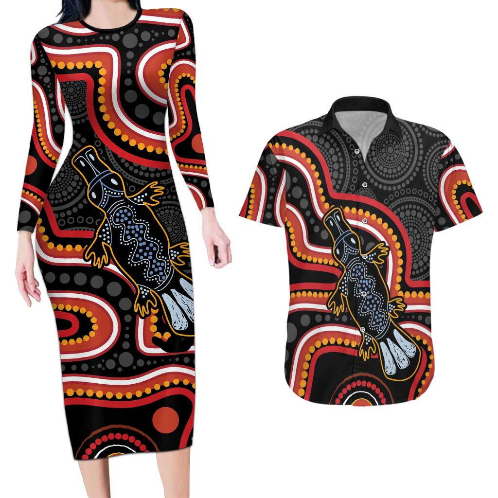 Indigenous Platypus Australia Couples Matching Long Sleeve Bodycon Dress and Hawaiian Shirt Australian Aboriginal Art Proud