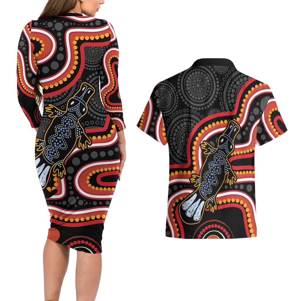 Indigenous Platypus Australia Couples Matching Long Sleeve Bodycon Dress and Hawaiian Shirt Australian Aboriginal Art Proud