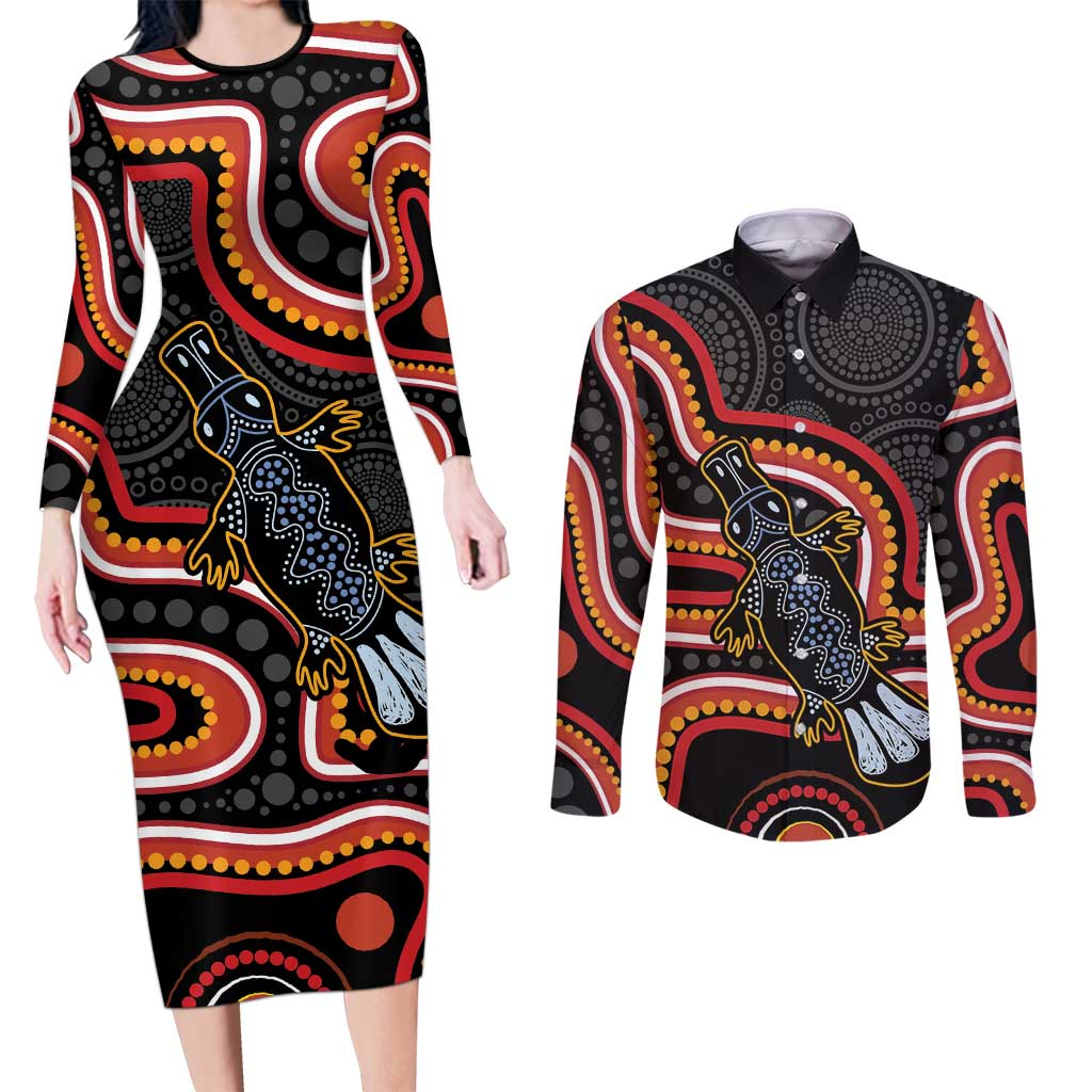 Indigenous Platypus Australia Couples Matching Long Sleeve Bodycon Dress and Long Sleeve Button Shirt Australian Aboriginal Art Proud