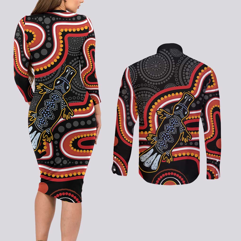 Indigenous Platypus Australia Couples Matching Long Sleeve Bodycon Dress and Long Sleeve Button Shirt Australian Aboriginal Art Proud
